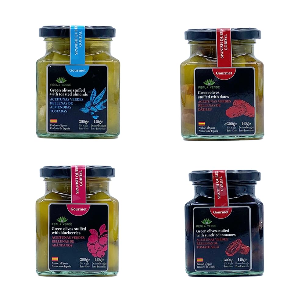 Pack Gourmet Aceitunas Sevillanas Rellenas: Almendras, Dátiles, Arándanos y Tomates.