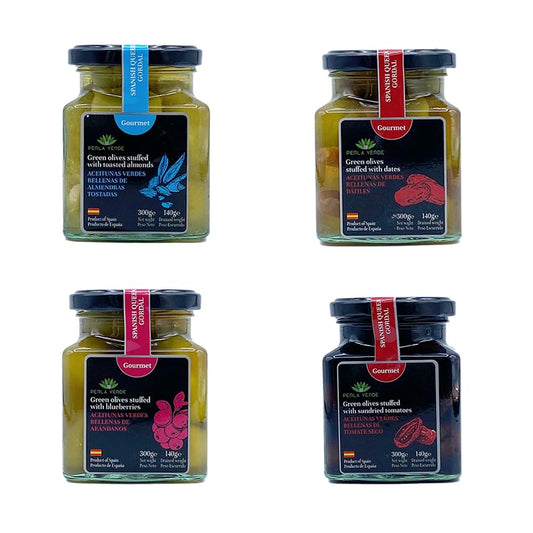 Gourmet-Paket Gefüllte Sevilla-Oliven: Mandeln, Datteln, Blaubeeren und Tomaten.
