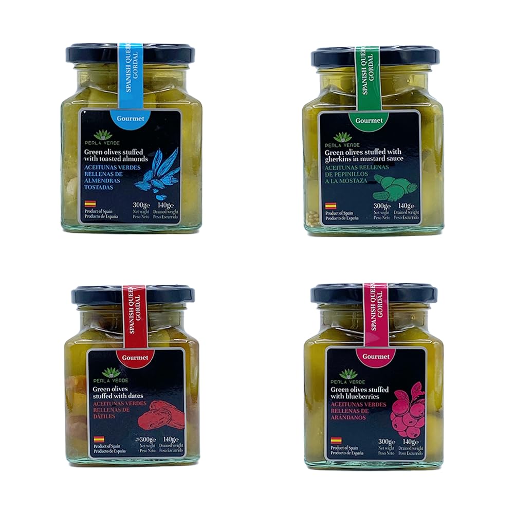 Kit Gourmet de Aceitunas Sevillanas Rellenas: Almendra, Arándanos, Pepinillos y Dátiles