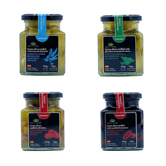Gourmet-Set mit gefüllten Sevilla-Oliven: Mandeln, Gurken, Datteln und Tomaten